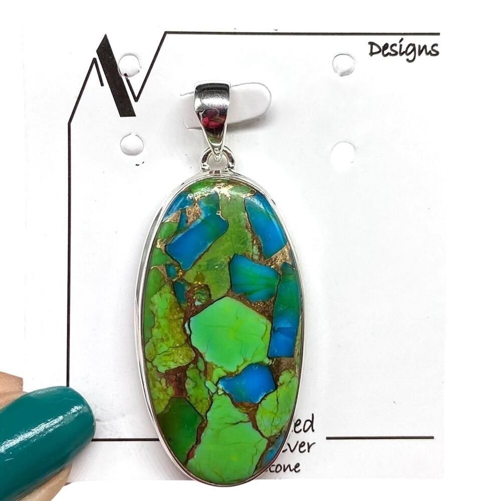 Kingman Turquoise Necklace Pendant Oval Solid 925 Sterling Silver Green Blue - Picture 1 of 8
